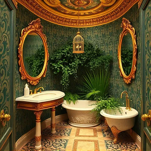 A luxurious tiny bathroom inspired by Baroque artistry, featuring intricately carved marble fixtures with swirling gold and silver accents on a vintage-style sink, bathtub, and ornate mirror frames. The space includes a vertical garden with lush, cascading greenery and whimsical fairy lights woven into the plants, adding vitality and playful sparkle. The background showcases richly textured damask-patterned walls in deep emerald and warm gold tones, complemented by curved gilded moldings and ceiling frescoes with floral and cherub motifs that evoke grandeur. A vintage birdcage chandelier with shimmering butterflies hangs above the vanity, blending opulence with quirky charm. The floor is adorned with mosaic tiles in rich jewel tones and intricate filigree designs, enhancing the sense of elegance in a compact space that feels larger than life. Warm, soft lighting bathes the scene in a golden glow, emphasizing warmth, refinement, and joyful creativity in tiny home design, all rendered in a lush, Baroque style with detailed ornamentation and regal colors.
