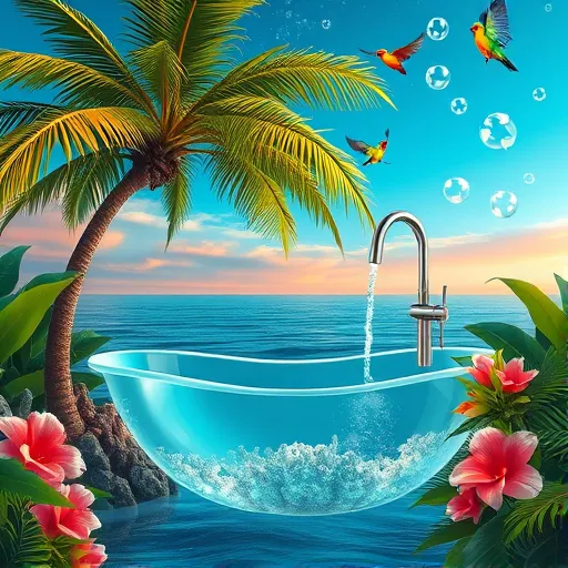 A surreal, eco-friendly bathroom renovation scene set in Palm Beach, Florida, featuring a shimmering, iridescent bathtub crafted from translucent coral reef formations floating gently amidst an aquatic environment blending into a lush, vibrant jungle. To the side, a towering palm tree with leaves resembling cascading bamboo bath brushes arches overhead, its trunk subtly transforming into a natural stone faucet dripping water like crystalline droplets into the tub. Brightly colored tropical birds with exaggerated, metallic hues of gold and emerald perch on branches or soar through the air, adding lively whimsy. The background showcases a dreamy sunset horizon with deep blue skies tinged with pinks and oranges, merging into stylized waves of green foliage and twisted flowering plants. Floating soap bubbles reflect tiny eco-icons like recyclables, solar panels, and wind turbines in playful, abstract patterns. A stream-like ribbon of water defies gravity, symbolizing sustainable practices. The overall scene is calm and inspiring, highlighting harmony between nature and eco-conscious design through fluid, exaggerated forms, dreamlike textures, and a vibrant color palette of lush greens, aquas, coral oranges, and pastel pinks—evoking a fresh, tranquil Florida vibe infused with surreal, whimsical innovation and ecological harmony.