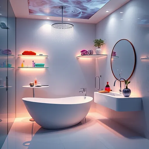 A visionary art style bathroom remodeling scene featuring a sleek, modern bathroom with flowing organic shapes, smooth curved bathtub blending seamlessly into the ambient-lit surfaces, and floating glass panels with iridescent tiles creating a kaleidoscopic, futuristic effect. Whimsical design elements include a quirky showerhead with tiny water droplets resembling miniature planets orbiting playfully, an oversized sculptural vanity with an asymmetrical mirror, and stylized, swirling plants adding lively movement. The background reveals a spacious, airy environment with floating translucent shelves displaying colorful, fantastical objects such as glowing soaps, shimmering towels, and artistic bathroom accessories. The ceiling features subtle cosmic nebula patterns, enhancing the visionary atmosphere. The color palette of luminous blues, radiant silvers, and soft pastels evokes a calming yet inspiring mood, blending innovation, imagination, and playful discovery in bathroom remodeling.
