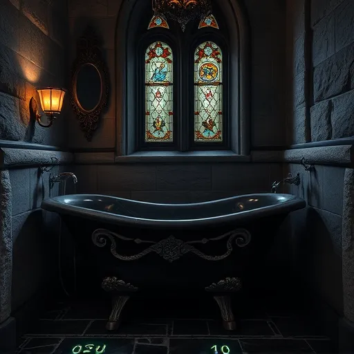 A gothic-inspired bathroom scene transformed into a mysterious yet reassuring sanctuary for elderly safety. The space features dark, vaulted stone walls with intricate carvings reminiscent of ancient cathedrals, softly illuminated by flickering wrought-iron sconces casting a warm amber glow. An aged black marble bathtub with ornate curling edges, silver rivets, and a vintage brass faucet exudes elegant sturdiness. Surrounding the tub are antique-style grab bars shaped like twisted vines and gargoyle motifs, blending functional safety features with gothic design. An ornate wrought-iron mirror hangs above a Victorian-style sink basin with faintly glowing runes carved into its rim, symbolizing wisdom and protection. The dark slate stone floor has faintly glowing symbols embedded in the grout, suggesting protective charms. A quirky gothic gargoyle perched on the sink corner clutching a tiny flashlight adds playful character to the scene. Tall arched stained-glass windows depict protective sigils and mythical guardians, filtering dim, colored light that creates a calming, mystical atmosphere. Subtle shadows and textured surfaces evoke a timeless, otherworldly feel, while integrated safety icons and symbols within gothic motifs seamlessly combine functionality with aesthetic charm, emphasizing tranquility, security, and whimsical dark elegance.