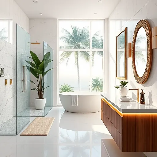 A highly detailed, photorealistic depiction of a luxurious bathroom remodeling scene in West Palm Beach, Florida, featuring an elegant contemporary design with coastal charm. The spacious, spa-inspired bathroom boasts pristine white marble walls, polished gold fixtures that reflect ambient lighting, and a large walk-in glass shower with shimmering mosaic tiles in ocean blue and sandy beige tones, creating an open, airy feel. A freestanding modern bathtub sits beneath a frosted window designed to resemble ocean waves, allowing soft natural light to fill the space and evoke a seaside atmosphere. Stylish minimalist vanities with sleek wood accents are adorned with lush potted tropical plants, adding a lively yet sophisticated vibe. Nautical decor elements, such as a lighthouse figurine on the vanity and a seashell-shaped soap dish, provide playful accents. The background showcases panoramic views of lush palm trees swaying outside through louvered windows, blending indoor luxury with tropical tranquility. Reflective surfaces, including polished tile floors and an ornate-framed mirror, enhance brightness and depth. An integrated LED strip under the vanity emits a warm glow, adding to the inviting ambiance. The overall composition exudes an upscale, calming atmosphere with beachside allure, encapsulating a high-end Florida-inspired bathroom renovation with a color palette of soft whites, warm golds, ocean blues, sandy beiges, and lush greens.