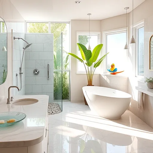 A realistic rendering of a modern, luxurious bathroom featuring gleaming marble countertops, a spacious glass walk-in shower with intricate tile work, and a freestanding bathtub placed in a sunlit corner. The space showcases contemporary fixtures with coastal-inspired accents, such as seashell-shaped soap dishes, ocean-patterned tiles, and pebble-filled decor, evoking Jupiter, Florida’s seaside vibe. Large windows allow soft natural light to flood the room, illuminating polished surfaces and creating reflections on water-resistant flooring. In the background, lush tropical plants contribute to a calm, inviting atmosphere. Playful elements include a cheerful rubber duck floating in the bathtub and a whimsical sculpture of a surfer riding a wave on a shelf. The color palette features warm neutrals, soothing blues, and sandy beige tones, enhancing the coastal aesthetic. The scene emphasizes elegance, relaxation, and fun, highlighting the expertise of a premium bathroom remodeling company in Jupiter, Florida.