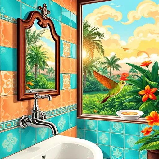 A vibrant, mural-style illustration showcasing a top-rated bathroom remodeling project in Parkland, Florida, inspired by Mexican Muralism. The scene features a beautifully renovated bathroom with sleek, modern fixtures, glossy turquoise and warm peach tiles with intricate Mexican motifs. An ornate, decorative mirror reflects sunlight streaming through an open window, illuminating lush green foliage outside. To the side, a stylized faucet and showerhead are adorned with playful swirling designs inspired by indigenous Mexican art. In the background, a landscape mural depicts Florida’s tropical environment with swaying palm trees, vibrant flowers, and lush foliage. A cheerful hummingbird perches on a decorative soap dish, adding lively detail, while abstract swirling clouds suggest freshness and renewal. The bold outlines, saturated tropical colors—including turquoise, terracotta, yellow, and green—and expressive style evoke a sense of craftsmanship, transformation, and welcoming professionalism ideal for a blog cover on bathroom renovation expertise.