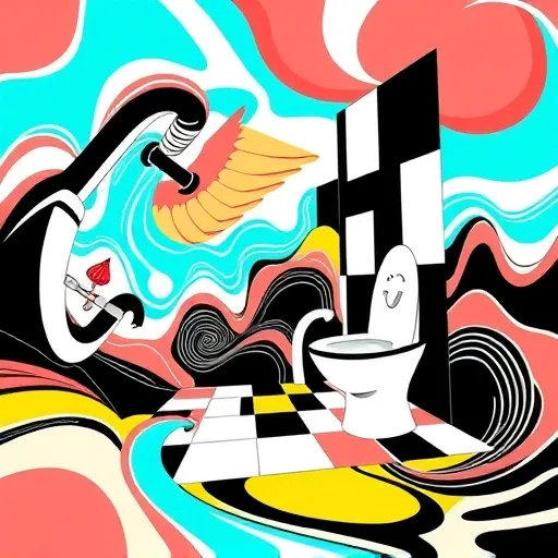 A vibrant OpArt-style illustration depicting an abstract bathroom renovation scene in Coconut Creek, Florida, featuring swirling, hypnotic geometric patterns that convey urgency and fluidity. The exaggerated bathroom interior showcases dynamic, contrasting black and white shapes with curved pipes, shifting tiles, and ripple water splashes, evoking rapid repair activity. Playful details include cartoonish plunger and wrench characters with expressive faces peeking from fixtures, adding humor and personality. The color palette is lively, with coral, turquoise, and yellow shades reflecting Florida’s energetic vibe and cheerful mood. The background hints at an abstract tropical landscape with jagged, wave-like shapes reminiscent of Florida’s coastline, blending naturally with the geometric patterns to symbolize the merging of nature and urban repair. Surrounding the scene are subtle spirals and concentric circles that guide the viewer’s eye into the chaotic yet efficient bathroom renovation, highlighting the swift and reliable emergency repair services. The overall tone is energetic, playful, and reassuring, making it a striking blog cover image that creatively emphasizes professional bathroom renovation and emergency repair services in Florida.