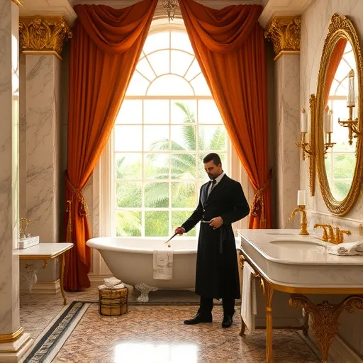 A grand, opulent bathroom scene inspired by High Renaissance art features expert remodelers in Wellington, Florida, transforming a luxurious space with meticulous attention to detail. The image showcases intricately carved marble columns, ornate gilded fixtures, and a large arched window with flowing embroidered curtains, allowing soft natural light to fill the room with warm golden tones. Elegant artisans dressed in rich velvets and brocades, resembling Renaissance scholars, are actively working—one measuring a marble countertop with a detailed miniature compass, another applying decorative touches with a gilded paintbrush. Surrounding them are renaissance-style tools with modern twists, including a tiny vintage flashlight and a whimsical miniature blueprint of future bathroom designs. The background reveals a lush tropical garden view through the window, indicative of Wellington’s Floridian landscape. The floor features intricate Renaissance-inspired tile patterns, blending historical grandeur with modern luxury. Detailed textures such as majestic draperies, mosaic tiles, and reflective surfaces add depth and richness to the scene. The overall mood conveys calm mastery, professionalism, and playful artistry, highlighting the craftsmanship behind expert bathroom renovations. The color palette consists of warm golds, soft creams, terracotta, and fresh greens, emphasizing sophistication and inviting elegance. The art style mirrors the realism, grandeur, and intricate detailing of High Renaissance masters, capturing a timeless yet whimsical portrayal of high-quality bathroom remodeling in Wellington, Florida.