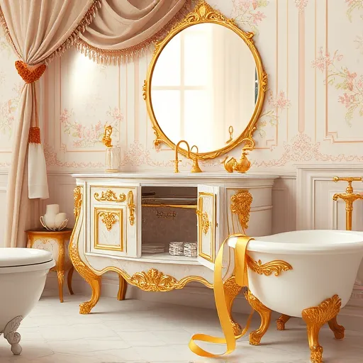 A luxurious Rococo-inspired bathroom scene illustrating small bathroom remodeling, featuring ornate and intricate details that evoke elegance and opulence. The image showcases a grand baroque-style vanity with gilded carvings, delicate scrollwork, and shimmering marble surfaces set against pastel-colored, floral-motif wallpaper. Vintage decorative tools, such as a gilded paintbrush, tiny chisels, and a decorative tape measure, are whimsically incorporated into the scene, resting on the vanity or woven into the wallpaper. The bathroom includes plush fixtures like curved, ornate faucets with pearl accents and clawfoot tubs decorated with intricate patterns, emphasizing indulgence. Playful touches include miniature golden cherubs peeking from corners and tiny ornate mirrors reflecting the scene, adding charm and personality. Soft, warm, diffused lighting creates gentle gleams across gilded surfaces and pastel hues of blush pinks, soft golds, creams, and mint greens, enhancing the sense of calm luxury. The background features delicately patterned wallpaper, elegant drapery with tassels framing a window with flowing curtains, and subtle hints of marble flooring with intricate inlay work. The overall highly detailed art style highlights sumptuous textures, ornate ornamentation, and a harmonious pastel palette, combining a playful yet refined mood perfect for a blog cover about small bathroom remodel costs with a fairy-tale, whimsical twist.