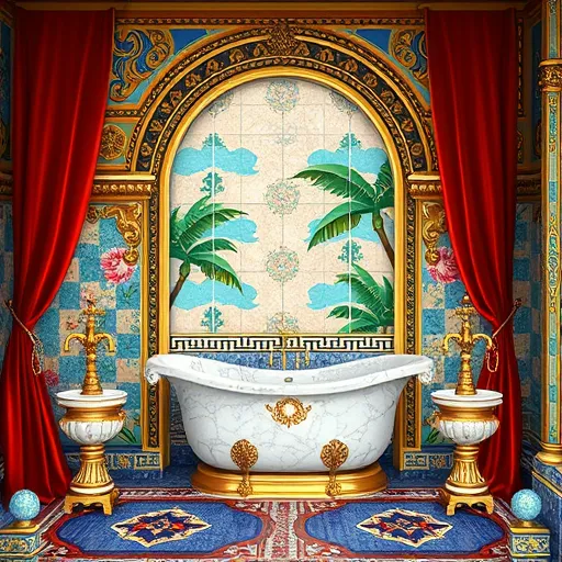 A detailed Byzantine-style mosaic scene illustrating a luxurious bathroom remodeling in Parkland, Florida. The image features vibrant golds, deep blues, and lush greens, creating an elegant and serene atmosphere. Central to the scene is an ornate marble bathtub with gilded accents, surrounded by Byzantine-inspired geometrically patterned tiles. Flanking the bathtub are stylized fountains with swirling water motifs, emphasizing craftsmanship. Richly draped fabrics in reds and blues hang from golden rods, enhancing the opulence. The bathroom walls are decorated with intricate mosaics depicting floral patterns, intertwined vines, and symbolic motifs, evoking sophistication. In the background, decorative arches with gold detailing frame the scene, complemented by tropical Florida flora like palm leaves. Playful details include a tiny ornate bird perched on a gilded faucet and smiling tile patterns, adding personality. The overall tone combines calm professionalism with whimsical charm, highlighting high-quality craftsmanship and luxury in bathroom remodeling. The ByzantineArt style underscores the intricate patterns, ornamentation, and jewel tones, presenting a regal and artistic vision of upscale bathroom renovation.
