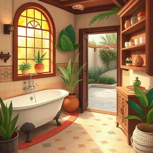 A whimsical, detailed illustration of a charming bathroom scene inspired by the Arts and Crafts Movement, set in Royal Palm Beach, Florida. The cozy bathroom features vintage-style clawfoot tubs, handcrafted wooden cabinets with decorative carvings, and ceramic tiles with geometric patterns in warm terracotta, muted moss green, and soft coral tones. Natural light filters through a stained-glass window, casting colorful reflections onto the tiles, creating a warm and inviting atmosphere. Botanical motifs like stylized ferns and palm leaves are woven into the design, adding a distinct Floridian touch. Small handmade ornaments, such as miniature seashells and potted succulents, enhance the space’s personality. An open doorway reveals a serene garden patio with winding stone pathways and vibrant flowering plants, emphasizing the natural, handcrafted aesthetic. The scene’s warm, earthy color palette highlights rich browns, soft greens, and gentle coral accents, capturing the essence of personalized, high-quality bathroom renovation packages in a welcoming Floridian setting—perfect for a blog cover celebrating local home improvement and artisanal craftsmanship.