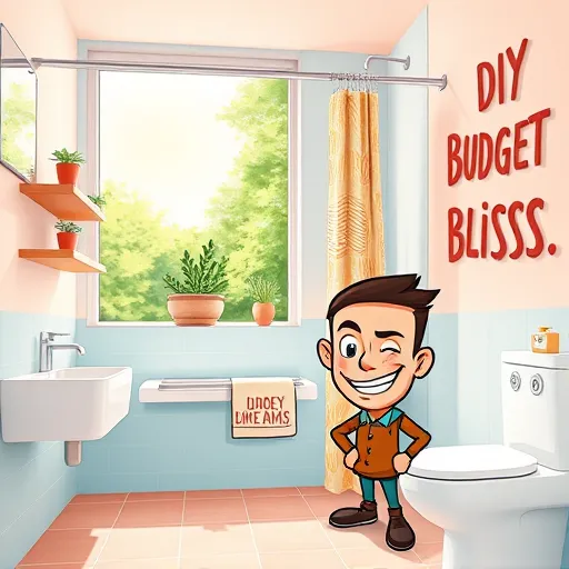 A vibrant digital illustration of a modern bathroom undergoing stylish, budget-friendly upgrades. The scene features contemporary, minimalistic design elements such as sleek tiles, shiny fixtures, and floating shelves, arranged with a playful and affordable aesthetic. Bright pastel blues, warm terracotta, and crisp whites dominate the color palette, creating a cheerful and inviting atmosphere. In the foreground, a cheerful, cartoon-style handyman character with oversized tools and a mischievous grin adds personality and fun to the scene. The bathroom exudes cozy, lived-in charm, with potted plants on the windowsill, a quirky patterned shower curtain, and a shiny, newly installed sink with a visible tag, indicating recent renovations. A large window in the background reveals a sunny day outside with lush greenery, enhancing the natural and uplifting vibe. One wall features humorous handmade signs like "DIY Dream" and "Budget Bliss," painted in bold, playful lettering, adding a quirky touch. The detailed, crisp digital art employs sharp lines, vibrant shading, and subtle textures, balancing professionalism with approachability. This optimistic composition inspires viewers to imagine transforming their bathrooms affordably and with creative style.