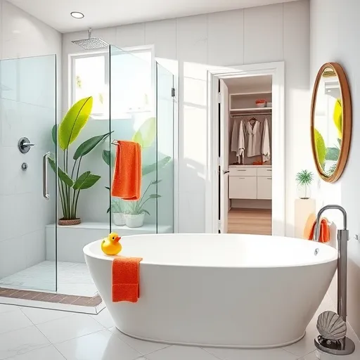 A hyper-realistic bathroom scene showcasing a luxurious remodel near Coconut Creek, Florida. The bathroom features elegant tile work with glossy, textured grout lines, a spacious walk-in shower with clear glass doors, and a stylish freestanding bathtub with a tiny rubber duck perched on its edge. Soft, natural light highlights clean lines and high-end finishes, while lush tropical plants visible through frosted windows add a calming, inviting atmosphere. Vibrant coral orange towels and subtle seafoam green accents enhance the tropical-inspired color palette of soft whites and ocean blues. Quirky details include a vintage mirror reflecting greenery and a seashell-shaped soap dispenser, adding personality to the space. In the background, a partially open door reveals a posh walk-in closet with designer towels and plush robes, emphasizing upscale craftsmanship. Overall, the scene exudes professional sophistication combined with relaxed, whimsical charm, perfect for envisioning a dream bathroom transformation.