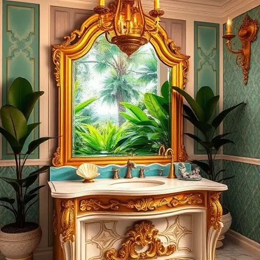 A luxurious, baroque-inspired bathroom scene highlighting North Palm Beach, Florida's regional design trends, featuring an elaborate marble vanity with gilded gold accents and ornate carvings. The scene includes elegant, curvilinear architectural elements framing a large window filled with lush tropical foliage, reflecting the sunny Floridian climate. An aquamarine backsplash resembling ocean waves adds a seaside touch. A vintage-style, intricately framed mirror with gold leaf details hangs above, complemented by whimsical accents such as a seashell-shaped soap dispenser, a coral reef soap sculpture, and a vintage brass faucet with swirling baroque patterns. Warm, dramatic lighting from ornate chandelier fixtures enhances rich textures and deep jewel tones like emerald green, sapphire blue, and sunset orange, evoking Calypso's coastal vibrancy. Surrounding decor includes lush potted palms, coastal-inspired tile patterns, and gold-accented wall details. The overall ambiance blends serene luxury with playful seaside charm, combining baroque artistry with relaxed coastal elegance—an artistic, opulent blog cover image showcasing North Palm Beach bathroom design trends.