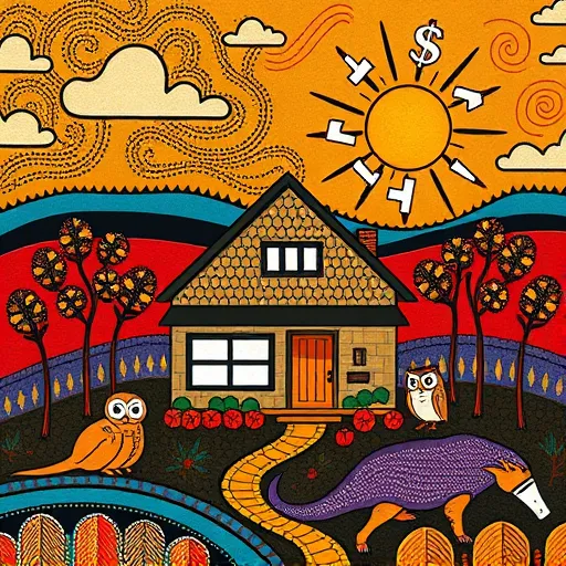 A vibrant Aboriginal-inspired illustration of a renovated home set within a lush, stylized landscape. The scene features geometric patterns and motifs of tools like hammers, paintbrushes, and caulking guns, symbolizing craftsmanship and home transformation. Flanking the house are decorative abstract trees and outlines of building materials, rendered with bold lines and dot work characteristic of Aboriginal art. Playful motifs of tiny animals, such as a platypus with a paint roller tail and an owl holding a wrench, add personality and charm. The background displays a dynamic sky with swirling clouds and a stylized sun radiating lines, suggesting warmth and positivity. Embedded within the landscape are simplified, cartoonish dollar signs, emphasizing affordability and cost-effective solutions. The color palette includes earthy tones like rich ochres, vibrant reds, deep blues, and warm browns, creating an atmosphere of warmth, community, and craftsmanship. Overall, the illustration conveys trust, creativity, and skilled home remodeling, blending cultural authenticity with an inviting, upbeat tone.
