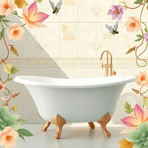 A luxurious bathroom scene rendered in the elegant and intricate Art Nouveau style, showcasing seasonal color trends in bathroom design. The space features flowing, ornate lines and natural motifs, with vivid swirling floral patterns in soft pastel hues of blush pink, mint green, lavender, and buttery yellow framing the image. In the foreground, a vintage-inspired clawfoot bathtub filled with shimmering water reflects the seasonal color palette, adorned with subtle hints of snowflakes, blooms, and autumn leaves hinting at changing seasons. Surrounding the scene are lush foliage, stylized botanical motifs, gracefully arching vines, and leaves in earthy tones, emphasizing a close connection to nature. The background displays a serene, sunlit wall decorated with decorative tiles inspired by Art Nouveau patterns, highlighting organic shapes and flowing lines that evoke harmony and fluidity. Delicate insects such as hummingbirds, butterflies, and dragonflies with intricate, swirling wings hover near floral elements, adding lively, kinetic energy and whimsical charm to the scene. The color palette consists of soft, harmonious tones—pale blues, warm creams, and gentle greens—creating a tranquil and luxurious atmosphere. This artistic and poetic visual captures the essence of seasonal bathroom color trends, blending natural elegance with the enchanting allure of Art Nouveau style, inspiring a sense of serenity and playful sophistication.