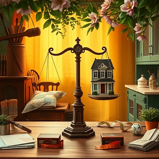 A richly detailed, romantically styled image inspired by the Pre-Raphaelite Brotherhood depicting the cost comparison between DIY and professional remodeling. The scene is set in a grand, slightly mystical workshop illuminated by warm, golden light that emphasizes intricate textures. On the left, a whimsical DIY workspace features a handcrafted, unevenly painted wooden chair, a patchwork cushion, and a chaotic collection of paint cans, highlighting charming imperfections and creative effort. On the right, a sleek professional workshop displays meticulously crafted cabinetry, polished marble surfaces, and precisely organized tools, representing expertise and precision. Between them, a vintage balance scale gently tips, holding tiny house icons—one with mismatched tiles and slight cracks for DIY, the other pristine and symmetrical for professional remodels. Background botanical motifs with lush leaves and delicate flowers frame the scene, blending organic growth with artistic creativity. The setting transitions from a cozy vintage workroom on the left to a modern, streamlined environment on the right, contrasting craftsmanship approaches while maintaining harmony. Playful details include a smiling paintbrush, a miniature measuring tape with a whimsical face, and a brightly painted toolbox, adding personality and charm. The color palette combines warm ochres, deep emerald greens, soft pastel pinks, and jewel tones, embodying the romantic richness and artistic flair of the Pre-Raphaelite style, inviting viewers to thoughtfully compare the artistry, costs, and qualities of DIY versus professional remodeling.