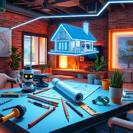 A vivid, imaginative depiction of a modern, creative workspace dedicated to home renovation and design. The scene features a sleek table cluttered with various tools, paintbrushes, and architectural sketches, blending traditional craftsmanship with futuristic elements. Stylized icons such as paint rollers, plumb bobs, and blueprint rolls float playfully around the scene. Hovering above the table is a transparent holographic projection of a house blueprint illuminated with electric blue and warm terracotta hues. In the background, a cozy yet futuristic home interior showcases eclectic design elements, including exposed brick walls, transparent surfaces, lush indoor plants, and glowing LED strips. The environment exudes a professional yet quirky charm, with small whimsical details like a tiny robot sanding wood and an animated tape measure stretching happily, adding personality and energy. The overall art style is distinctive, featuring bold lines, surreal textures, and vibrant lighting effects typical of VisionaryArt, with a color palette of deep cerulean, warm ochre, and soft jade, emphasizing innovation, craftsmanship, and creative home renovation solutions.