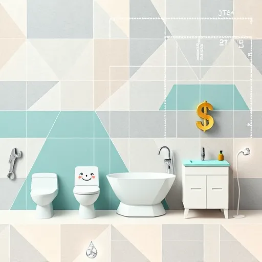 A vibrant geometric abstract illustration representing a bathroom remodeling journey. The image features sleek, minimalist tiles composed of overlapping triangles and squares in calming shades of teal, soft gray, and warm beige, creating a serene yet modern atmosphere. At the center, bold, angular icons of a sink, toilet, bathtub, faucet, and vanity are rendered with sharp lines and geometric shapes, emphasizing structure and design. Surrounding these icons are playful details, including a smiling wrench and a cheerful dollar sign, both designed with polygonal shapes, adding a fun, quirky personality. In the background, light dotted blueprint lines suggest planning and measurement, while floating geometric water drops and shiny tiles evoke water and cleanliness. Subtle metallic accents in gold or silver imply luxury, and the overall composition balances professionalism with approachability. The style, Geometric Abstraction, uses bold shapes, minimal details, and a cohesive palette of soothing blues, neutral grays, and bright yellows to evoke curiosity, optimism, and clarity about bathroom renovation costs. This visually engaging image creatively illustrates the complexity and possibilities of a bathroom remodel in a lighthearted, modern design.