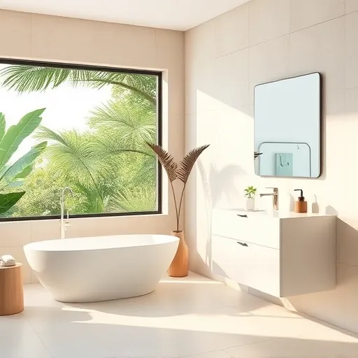A sleek, minimalist luxury bathroom scene in Lantana, Florida, featuring modern design elements. The image displays a contemporary, freestanding bathtub with smooth curves positioned near large floor-to-ceiling windows, revealing lush Florida greenery outside. The walls are decorated with subtle textured tiles in muted ivory and soft taupe, creating a serene and sophisticated ambiance. An elegant, floating vanity with a frameless mirror, topped with playful accessories like a whimsical plant or abstract sculpture, adds personality while maintaining simplicity. Thoughtful details include a geometric soap dispenser and an integrated towel rack, enhancing functionality and style. The space is filled with natural warm light that highlights a calming color palette of pastel blues, sandy beiges, and hints of mint green. Quirky accents, such as floating bubbles or a stylized palm leaf pattern, evoke Florida’s tropical vibe. The overall composition balances minimalist elegance with playful touches, creating a fresh, luxurious, and inviting atmosphere ideal for upscale bathroom renovation features. The art style emphasizes flat, smooth color blocks and understated shadows to convey a clean, modern aesthetic focused on serenity and sophistication.