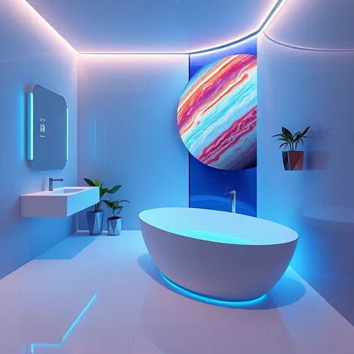 A futuristic, high-tech bathroom scene featuring a minimalist design with sleek, smooth surfaces and a seamless, curved high-gloss freestanding bathtub, illuminated by ambient blue and teal lighting that creates a calming atmosphere. An integrated smart mirror with holographic interface icons floats above a modern, touch-controlled vanity with a flowing countertop. The bathroom walls are decorated with iridescent mosaic tiles that shift colors with the light, adding sophisticated texture. In the background, a large panoramic window showcases a stylized, Jupiter-like planet with swirling red, orange, and white bands, providing a cosmic, science-fiction-inspired view. Floating metallic containers with geometric-shaped potted plants introduce a blend of nature and technology, while subtle animated light patterns resemble gentle pulses of energy flowing through the space. The scene emphasizes innovation and serenity, capturing the essence of futuristic bathroom remodeling with a vibrant, cool color palette—perfect for a blog about top-rated bathroom renovations in Jupiter, Florida.