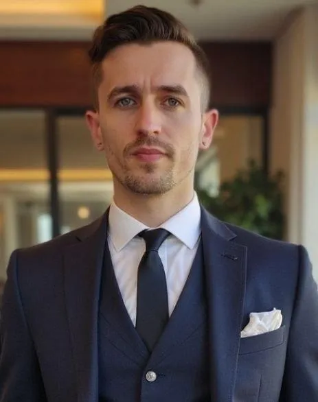 A man in a black suit loosening his tie