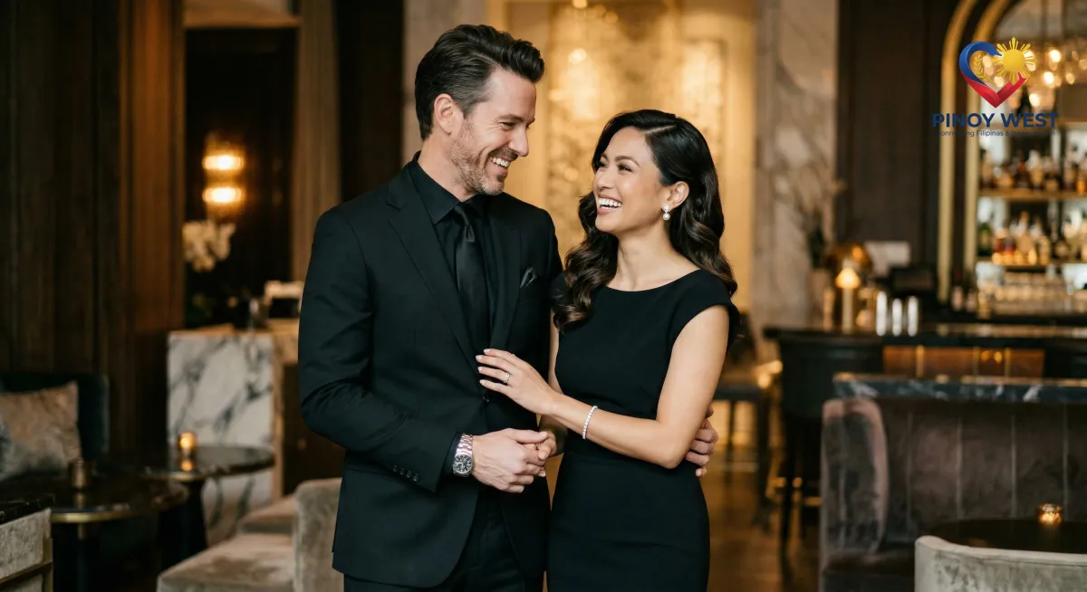Spanish/Western man in a tailored black suit and one classy Filipina woman in a sophisticated black dress.