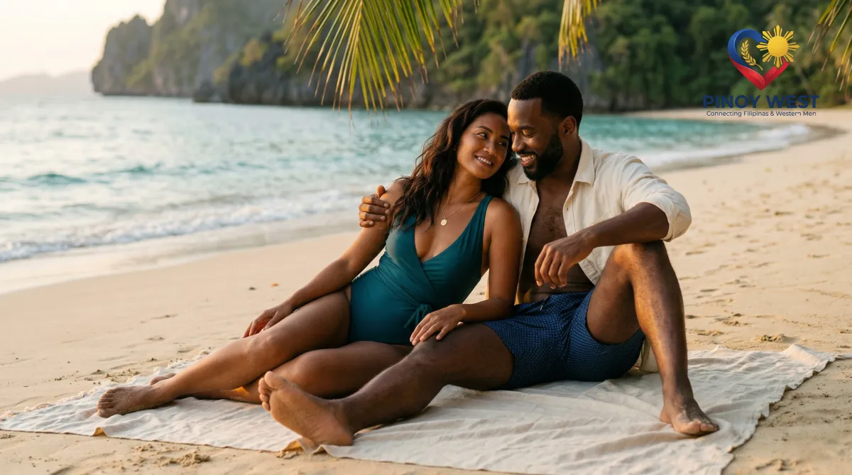 darker-skinned Filipina woman and one confident Black American man sitting together on a beautiful tropical beach