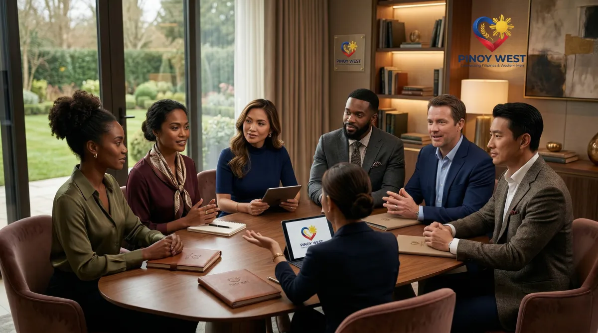 Three beautiful Filipina women, including two dark morena women, in a premium relationship coaching session with a Black man, a White man, and a Chinese man in an elegant luxury setting.