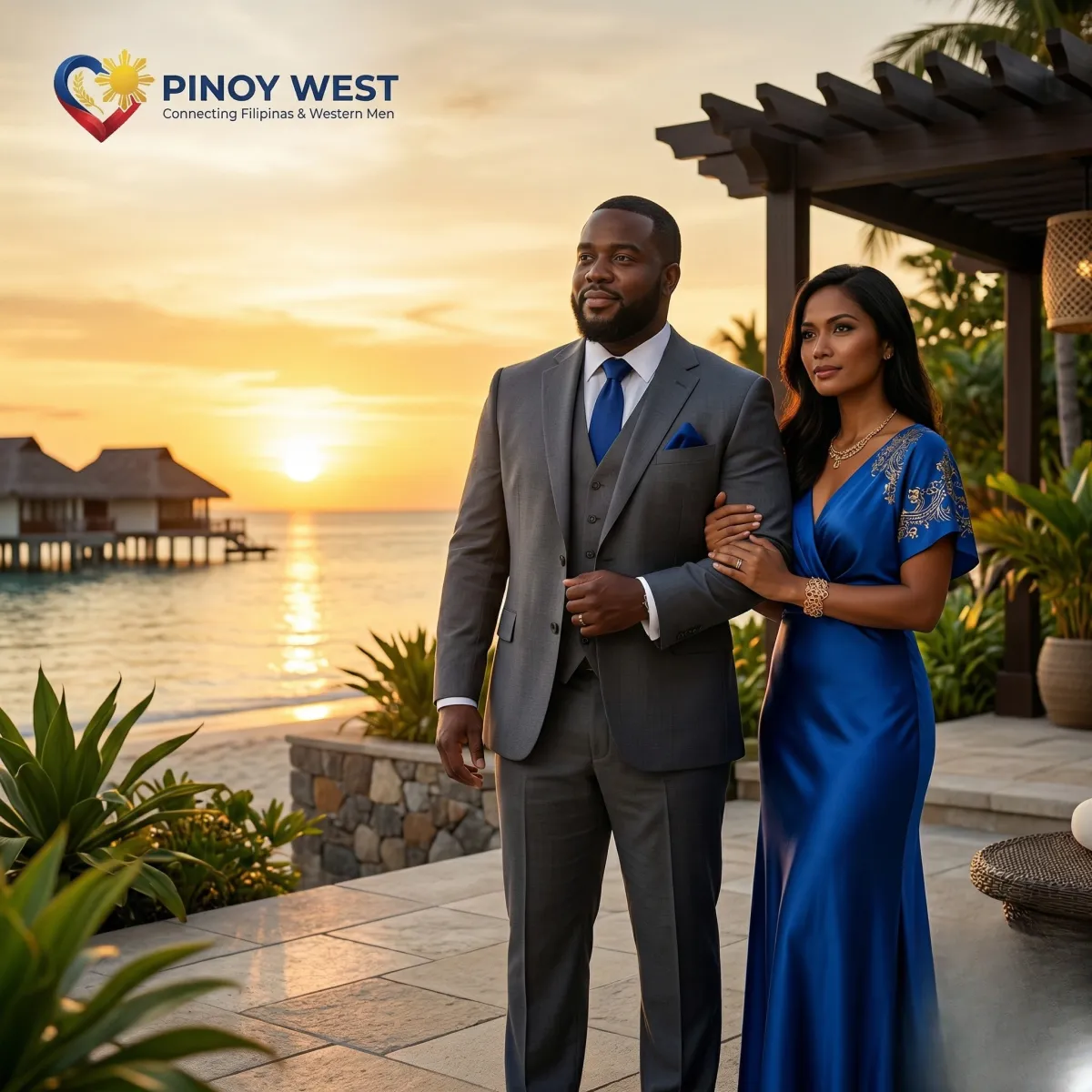 one refined Black Western man and one classy Filipina woman walking in a park