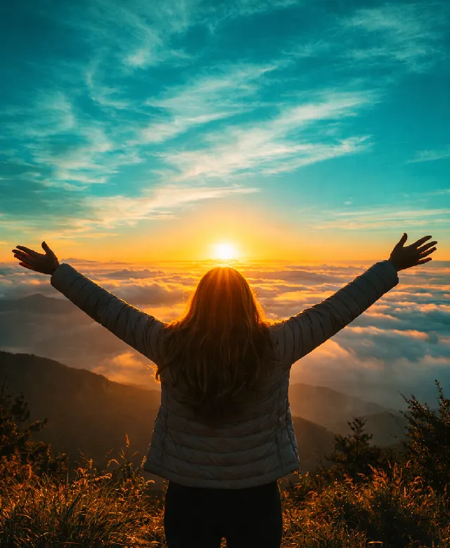 woman on a mountain with arms out greeting the sunrise