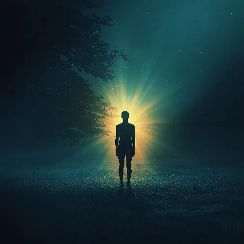 Figure of a man standing in water with a bright light around him