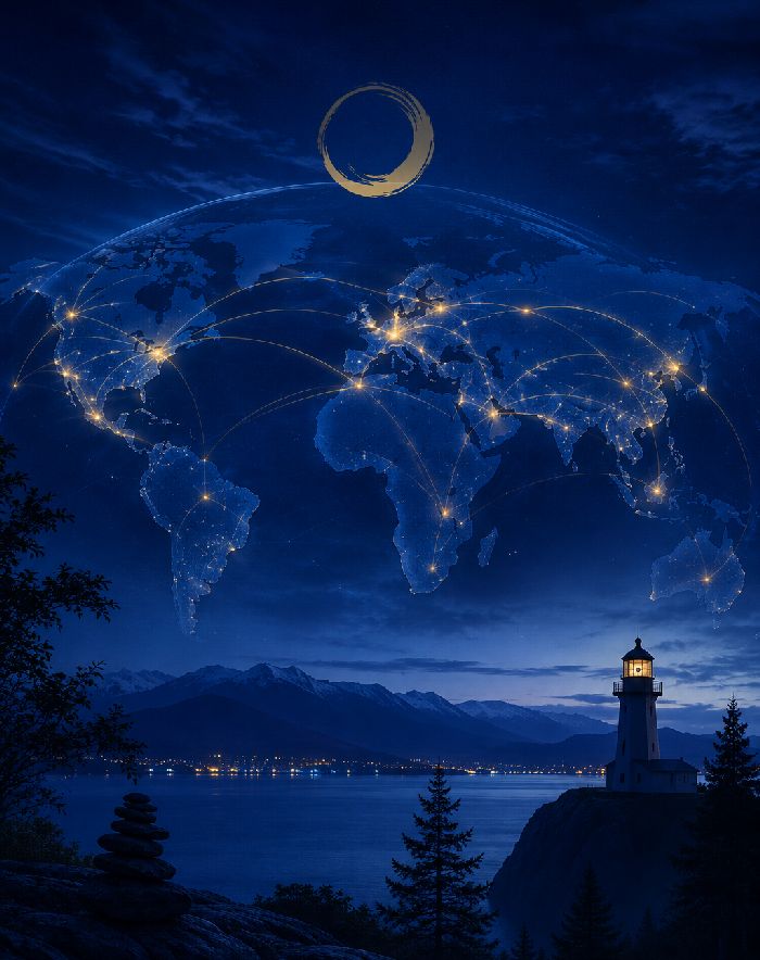 Global map above a city on the ocean