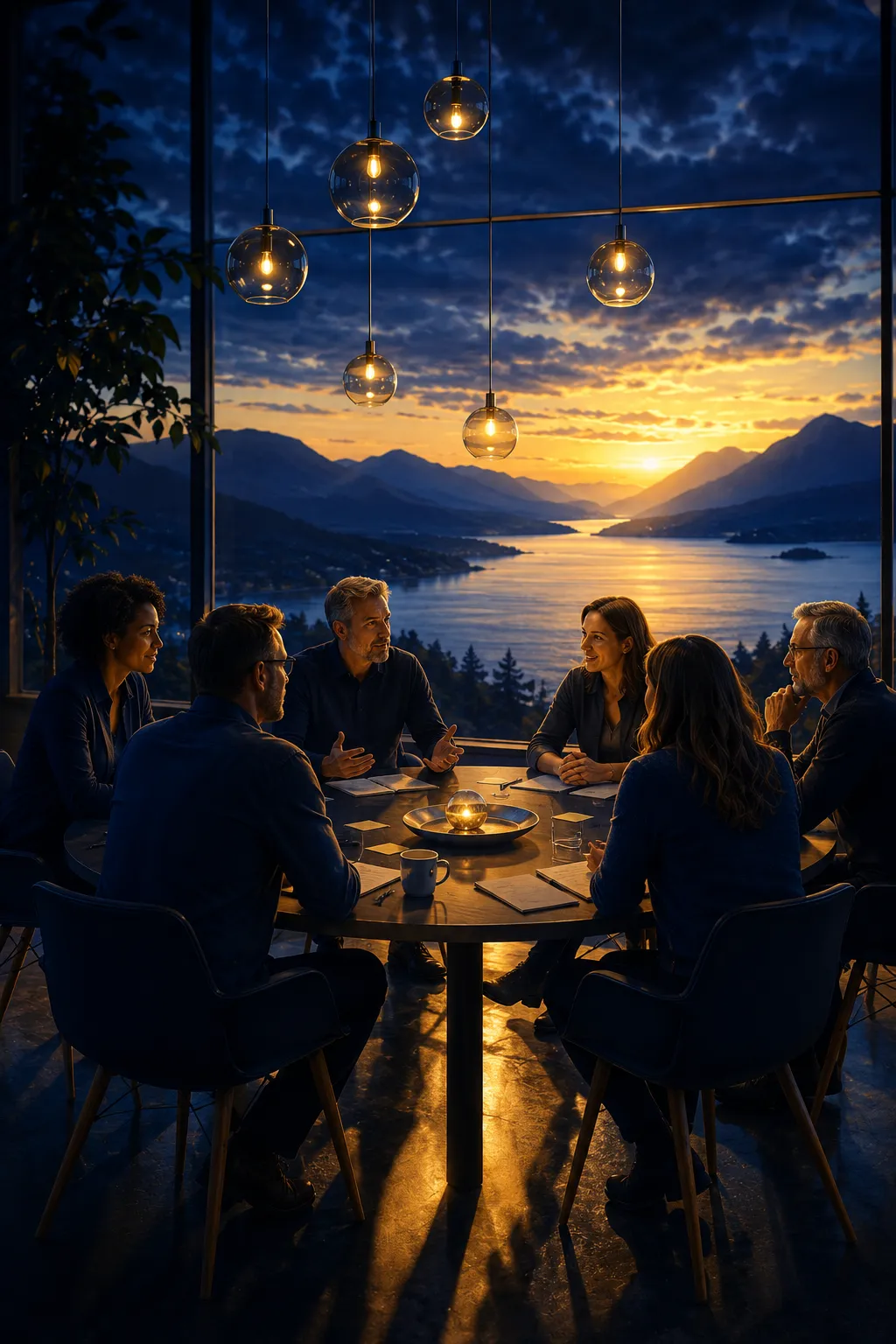 Picture of a cgrouon the ocean with a map of the world above meeting in the evening overlooking the ocean