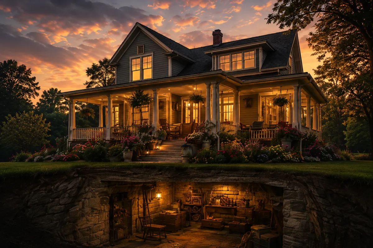 An old, beautiful country home at twilight. Warm golden light glows through the windows.