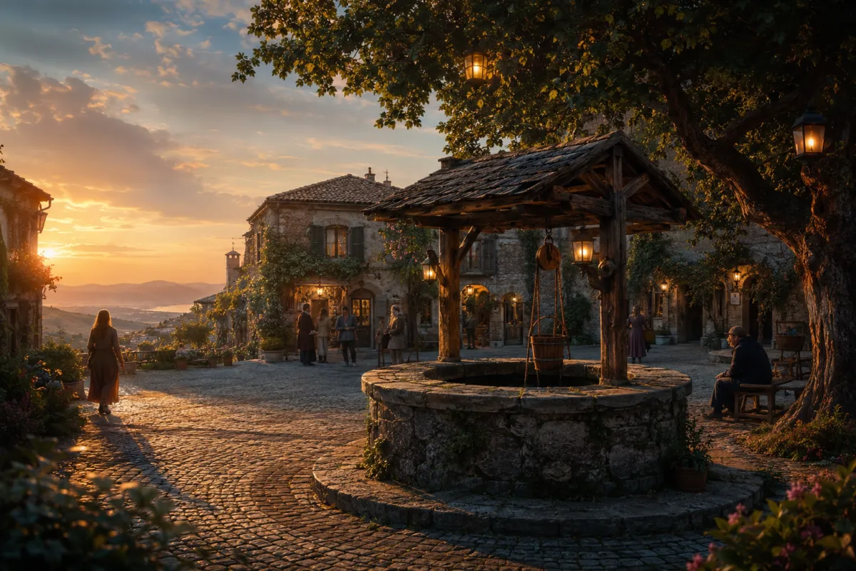 A beautiful old European-style village square at golden hour, centered around an ancient circular stone well. Warm lanterns hang from nearby trees and buildings while villagers quietly gather, creating an atmosphere of community and everyday life.