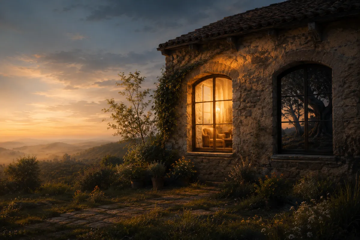 An old stone cottage nestled in a peaceful countryside. The house features two prominent windows.