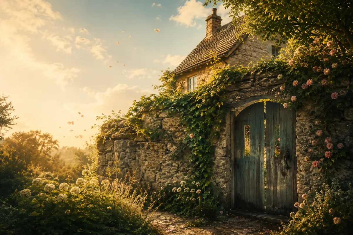 A charming old stone cottage surrounded by a tall, weathered stone garden wall covered with climbing vines. The garden itself is mostly hidden, but vibrant flowers and lush greenery peek through small openings in the gate and between the stones.