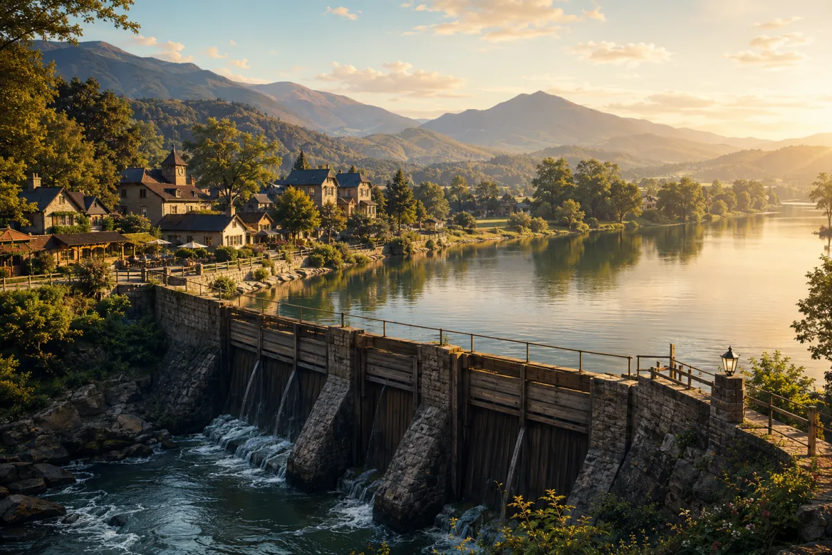 A peaceful riverside village nestled beside a broad, beautiful river. In the foreground stands an old stone and timber dam holding back calm water that has risen quietly behind it