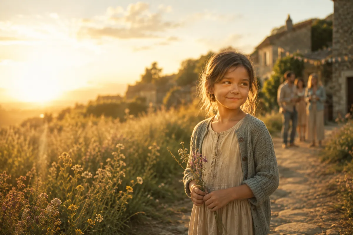 A young child stands in a meadow or quiet village lane, smiling gently while surrounded by adults in the distance. The child's expression subtly reveals that the smile doesn't fully reach the eyes.