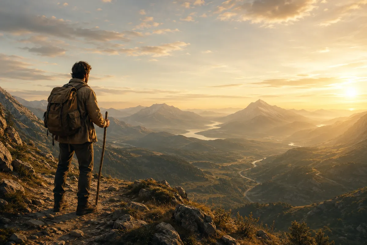 A solitary traveler stands on a scenic mountain pass overlooking a vast landscape of distant mountains, forests, rivers, and winding roads. The traveler carries a worn backpack and walking staff, suggesting years of searching rather than adventure.