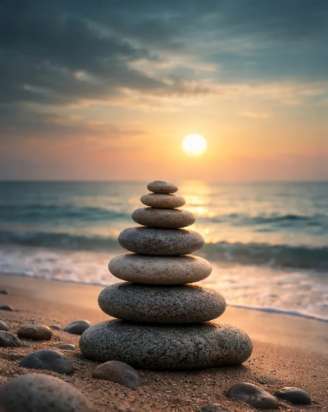 stacked stones on an ocean beach at sunrise