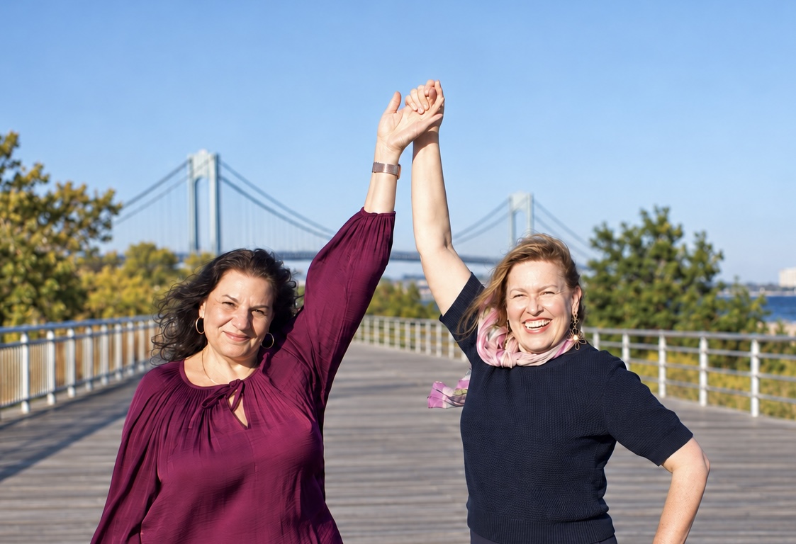Christina D’Angelis and Mayra, hosts of the free Real Life Wellness Meetup group, on the Staten Island waterfront