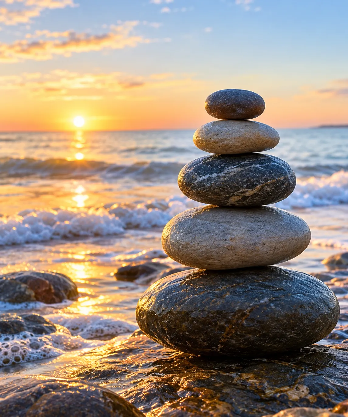 Stacked zen stones balancing on a shoreline.