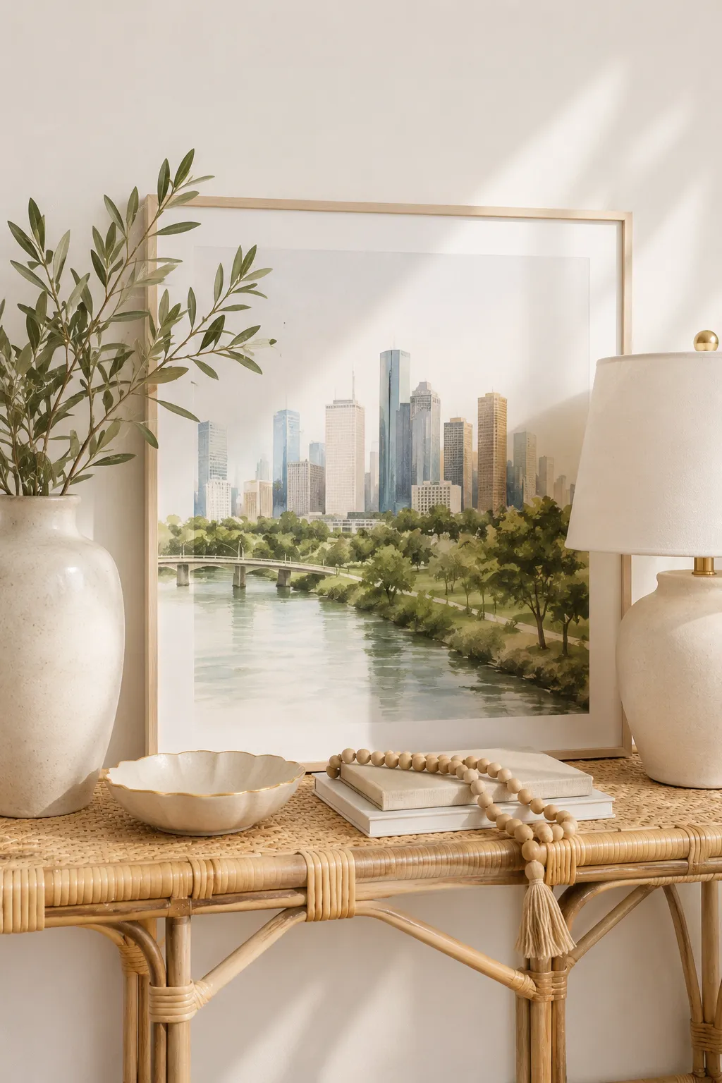 Houston skyline artwork displayed in a bright, neutral home interior with elegant décor and a natural wood console table.