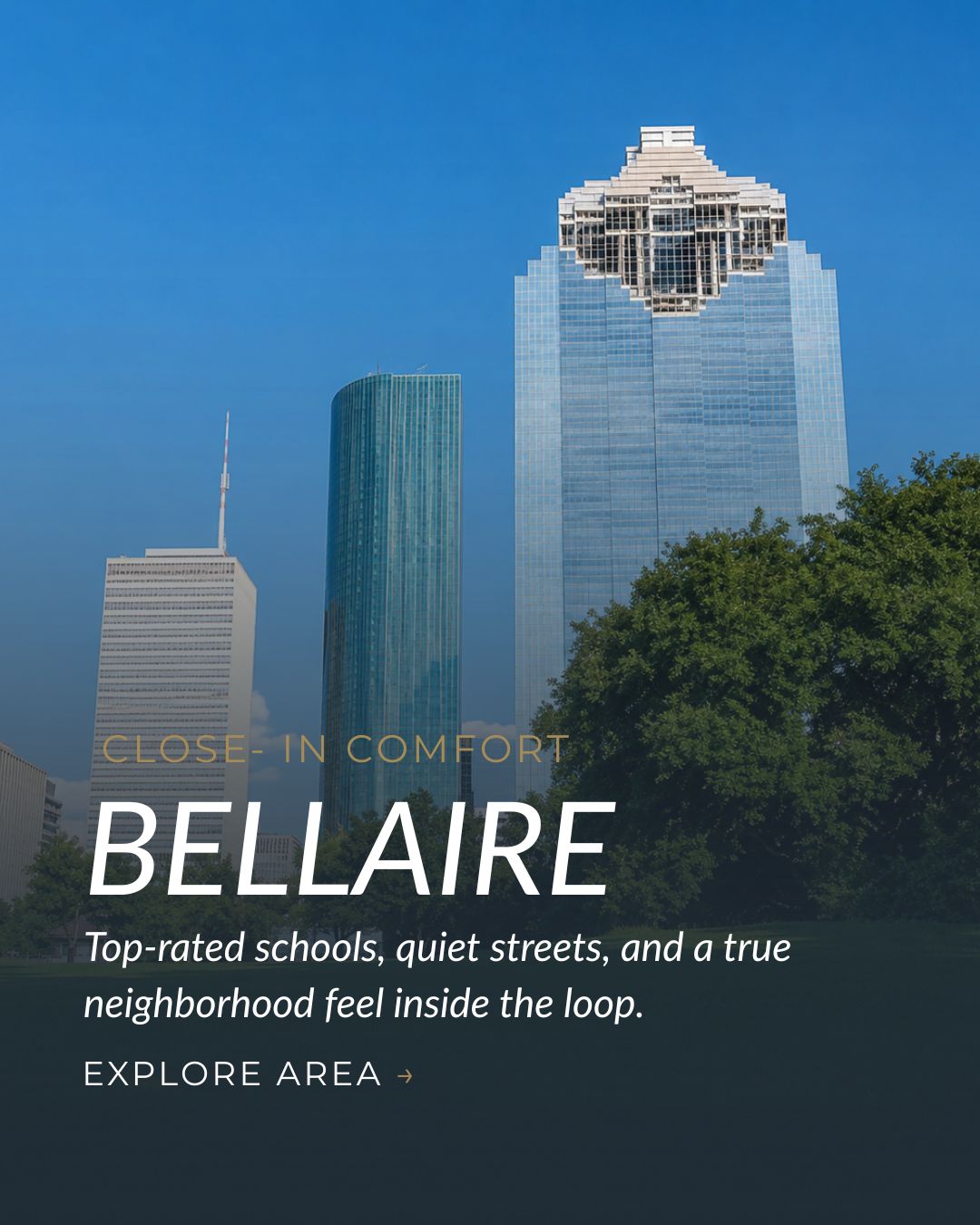 Houston-area skyline near Bellaire with high-rise buildings, mature trees, and a clear blue sky.