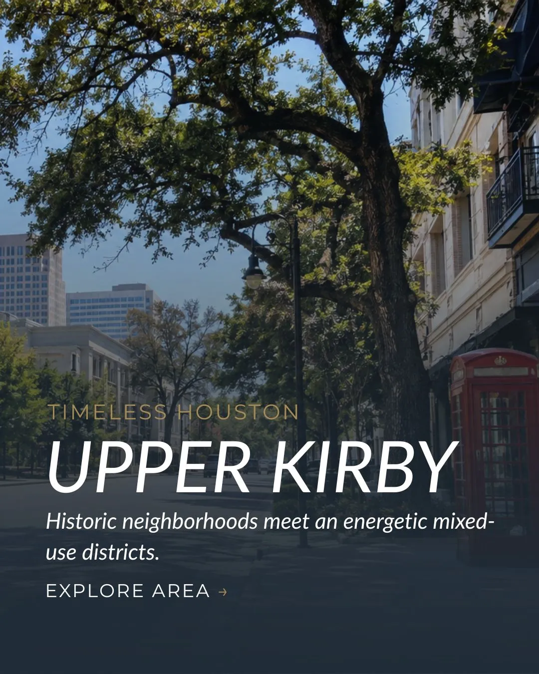 Tree-lined street in Upper Kirby, Houston, with mixed-use buildings and an urban neighborhood setting.