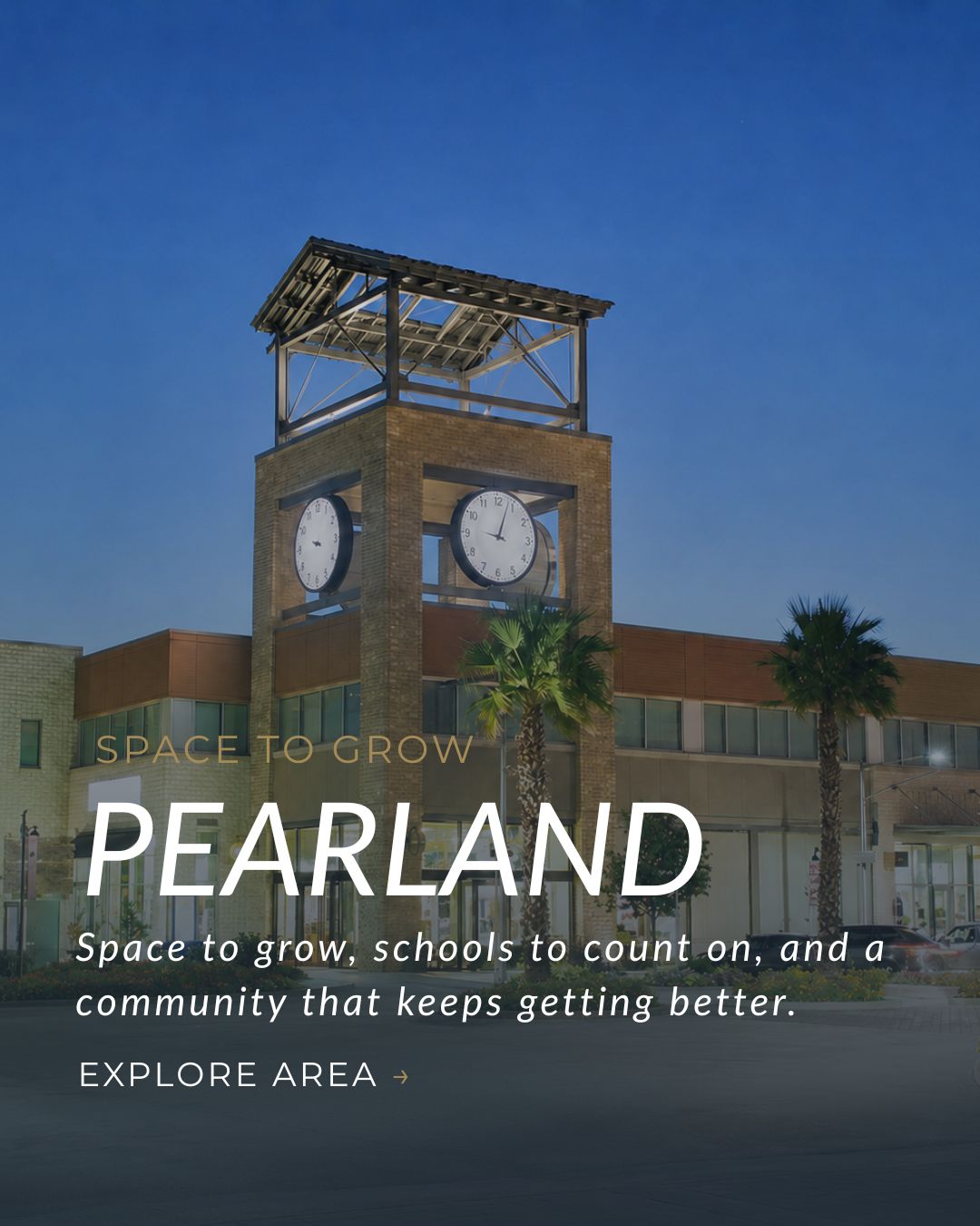 Pearland, Texas community area featuring a clock tower, palm trees, and neighborhood development.