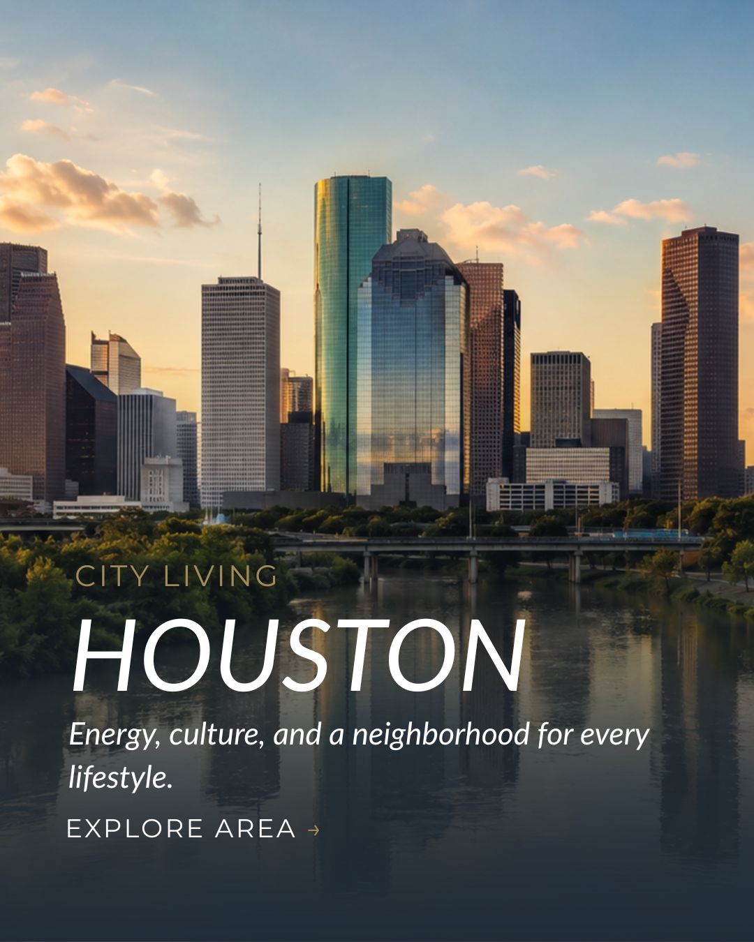 Downtown Houston skyline at sunset with high-rise buildings reflected over Buffalo Bayou
