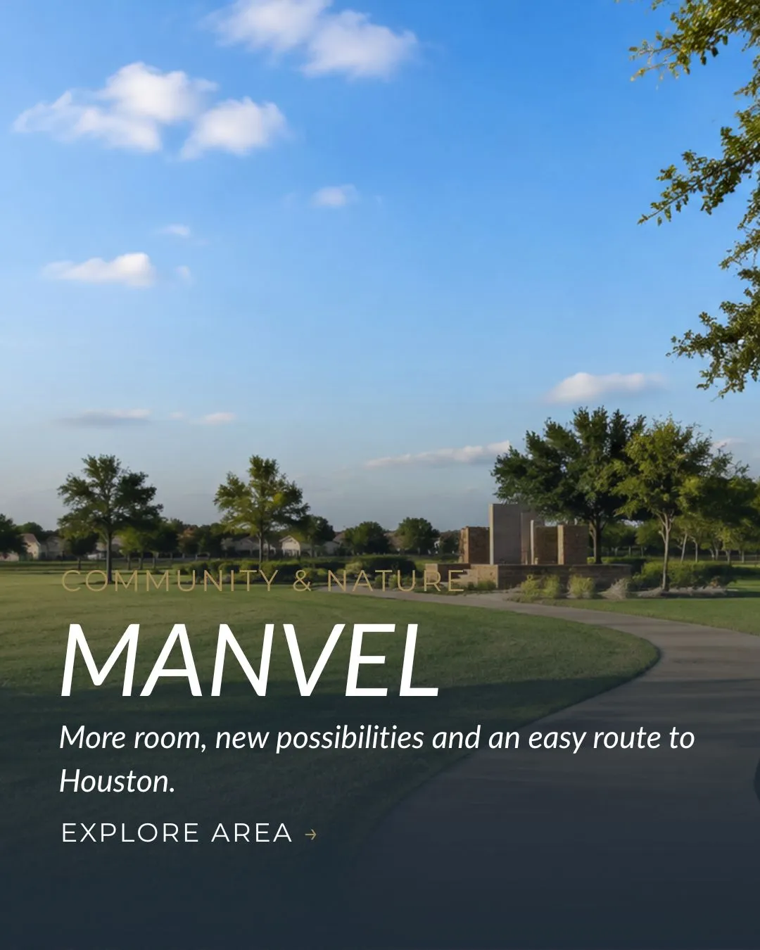 Open green space in Manvel, Texas with a walking path, mature trees, and suburban homes in the distance.