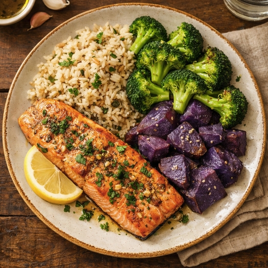 Salmon Rice Broccoli Purple Sweet Potatoes for Longevity