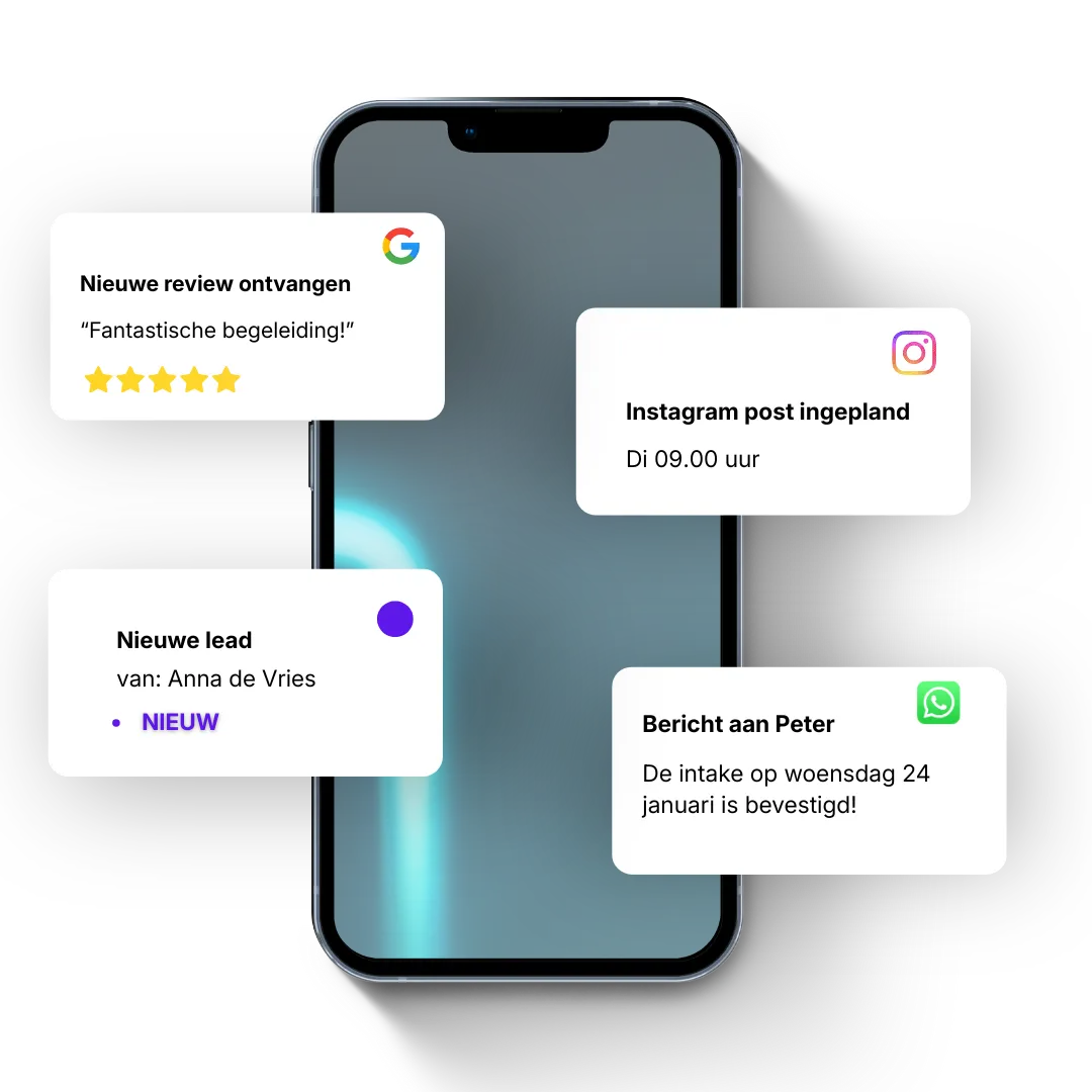 Mobiele telefoon met notificaties over nieuwe leads, geplande Instagram-post, Google-review en bevestigde WhatsApp-afspraak, als voorbeeld van een alles-in-één marketing- en communicatiesysteem.