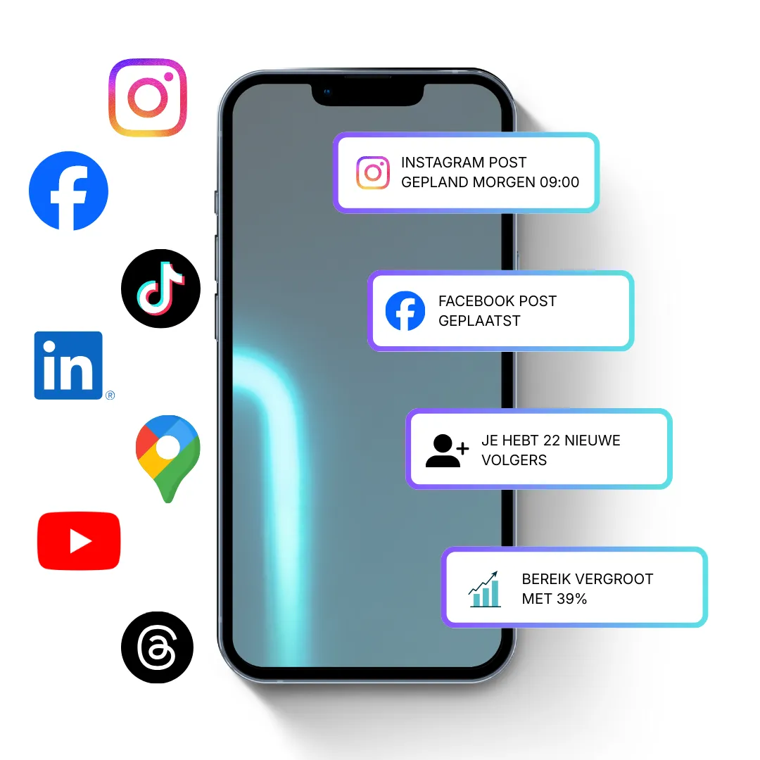 Smartphone met meldingen over een geplande Instagram-post, geplaatste Facebook-post, nieuwe volgers en toegenomen bereik, om te laten zien hoe het systeem social media automatisch beheert en prestaties verbetert.